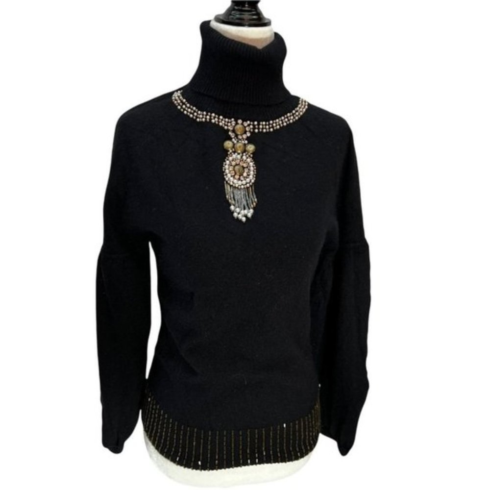 𝅺Vintage SCRIBA Black Angora Blend Turtleneck Jewel Neckline Bishop Sleev…